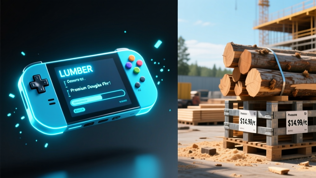 Split-screen showing a glowing game console command for lumber next to a real-world 2026 construction lumber yard with price tags