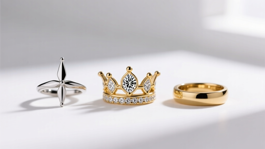 Macro photo comparing three earring settings side by side: a three-prong martini, a four-prong crown, and a solid 14k gold bezel