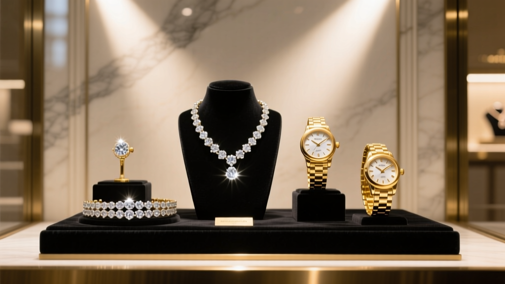 Luxury jewelry boutique display window featuring diamond tennis bracelets and gold timepieces under warm, dramatic spotlighting