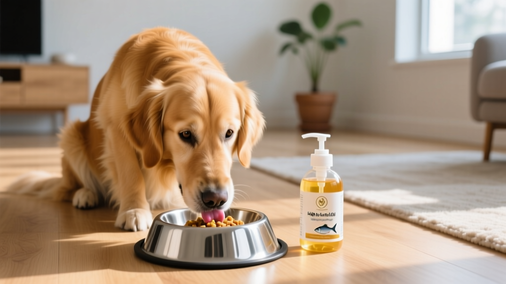 A golden retriever eating from a stainless steel bowl with a pump bottle of fish oil resting next to the food container