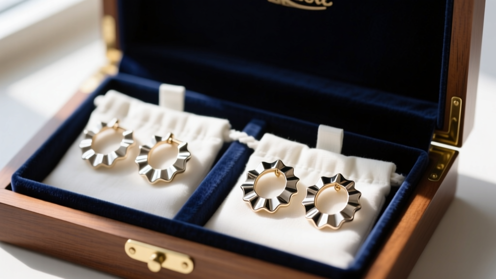 Scalloped hoop earrings resting in separate microfiber pouches inside a velvet-lined wooden jewelry box to prevent snagging.