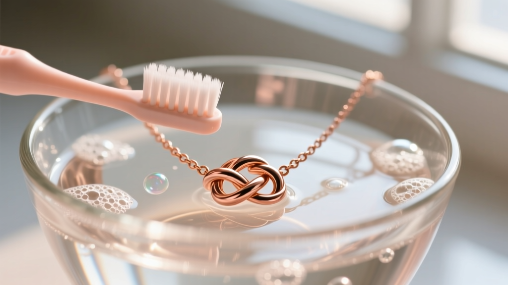 A soft baby toothbrush gently scrubbing the crevices of a rose gold knot necklace submerged in a clear glass bowl of warm, soapy water.