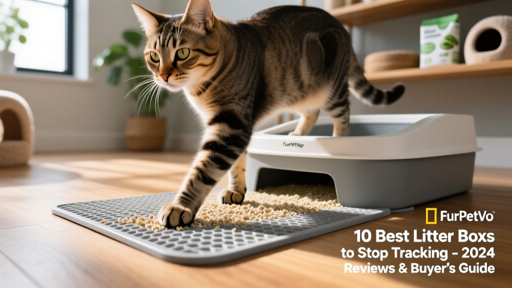 Cat stepping onto the dual-layer mat system of the FurPetVo CleanStep litter box, with litter granules visibly trapped in the textured surface
