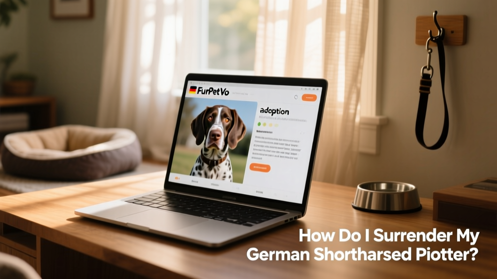 A laptop screen showing a FurPetVo adoption profile with photos and bio of a German Shorthaired Pointer