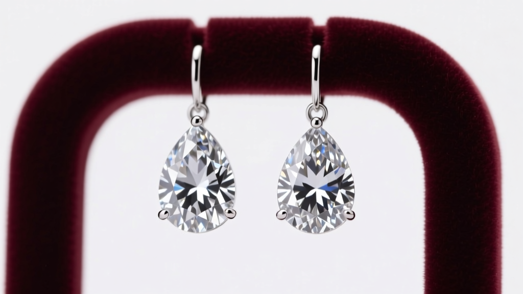 Elegant platinum pear diamond drop earrings dangling from a velvet display stand, studio lighting highlighting the teardrop facets.