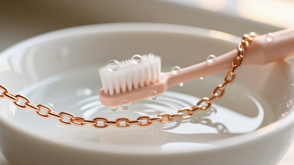 A soft-bristled baby toothbrush gently scrubbing the intricate links of a rose gold box chain in a bowl of mild soapy water.