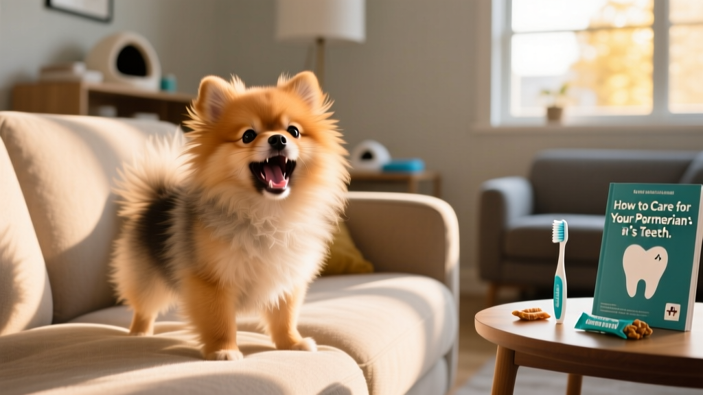 pomeranian puppy barking on the couch