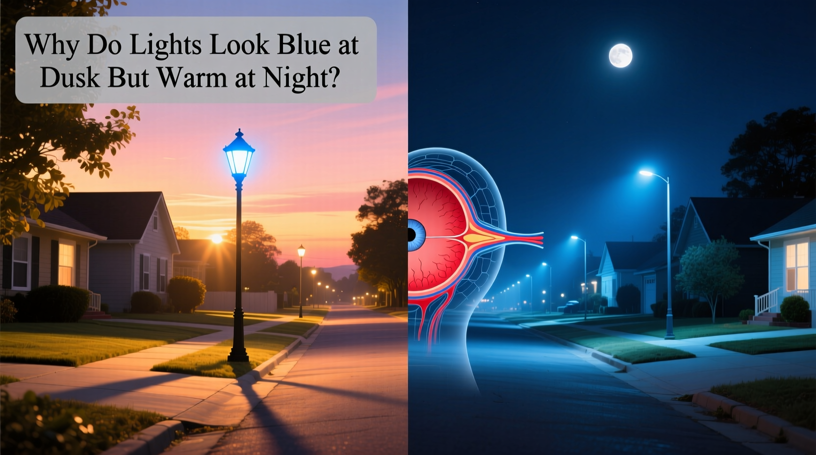 why do some lights look blue at dusk but warm at night color perception shift