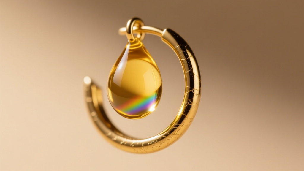 Macro shot of jojoba oil applied to a jammed 16-gauge gold hoop post, highlighting metal texture and a clear oil bead.