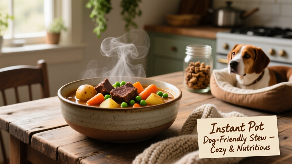 A steaming bowl of dog-friendly stew with visible chunks of beef, golden potatoes, carrots, and peas