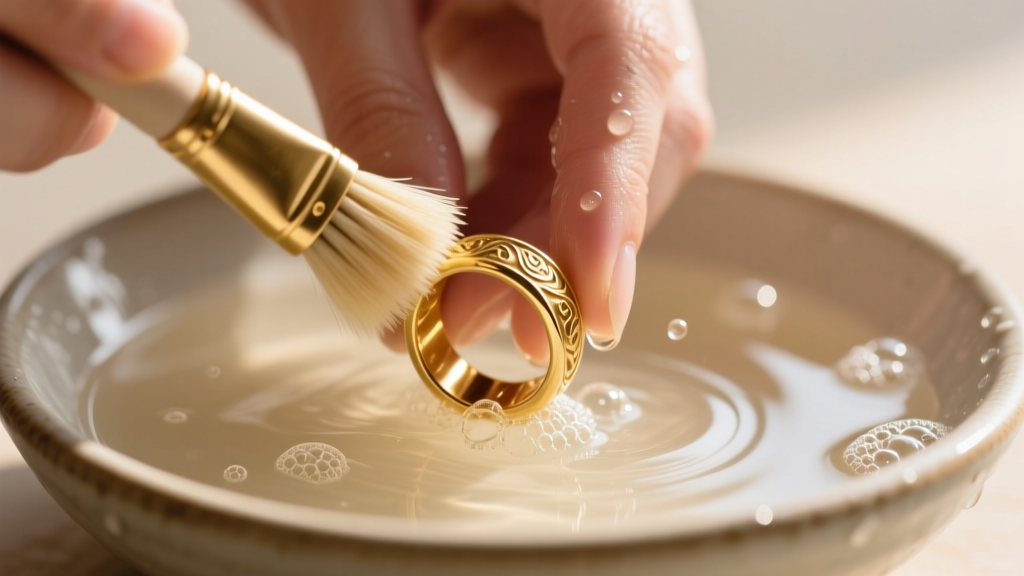 Hands washing a gold spinner ring in a bowl of warm soapy water, using a soft-bristled brush to clean the moving outer band.