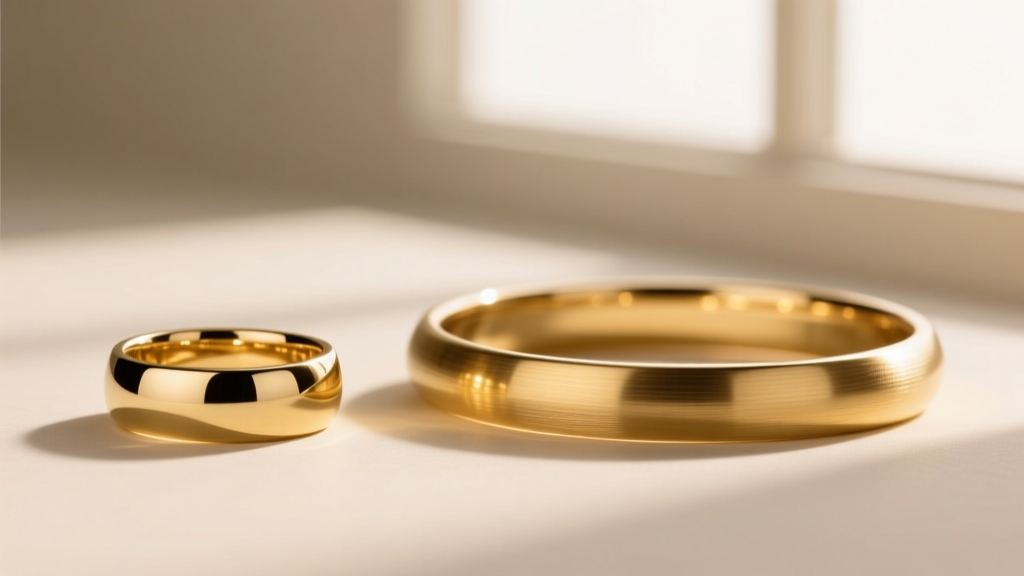 Macro view of a high-polish 14k gold ring and a brushed 18k gold bangle, showing contrasting surface textures in soft lighting.