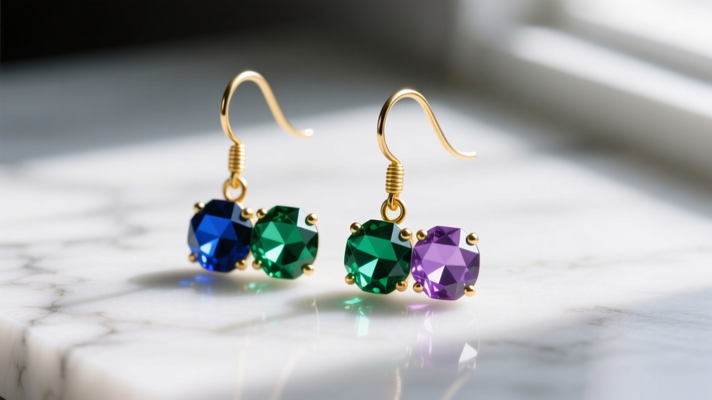 Macro shot of handmade dangle earrings with 6mm crystal bicones and 14k gold-filled French wire hooks resting on white marble