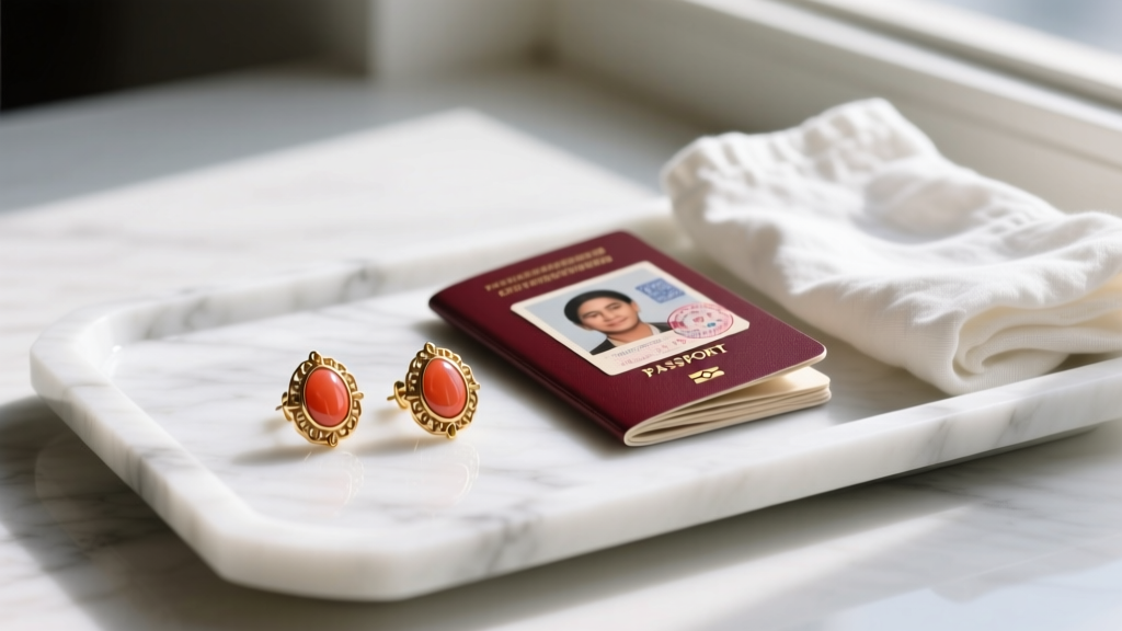 Lightweight brass Nepal stud earrings with coral inlays on a white marble tray next to a travel passport and folded linen.