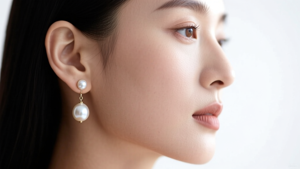 Profile portrait of a woman wearing a 4mm pearl stud in her upper helix cartilage and a 10mm drop pearl on her lower ear lobe.