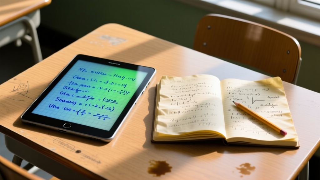 Side-by-side comparison of a color e-ink tablet displaying calculus notes and a traditional paper notebook on a wooden high school desk