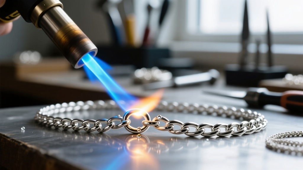Close-up of a jeweler torch applying a precise blue flame to a sterling silver figaro chain link, showing molten silver solder.