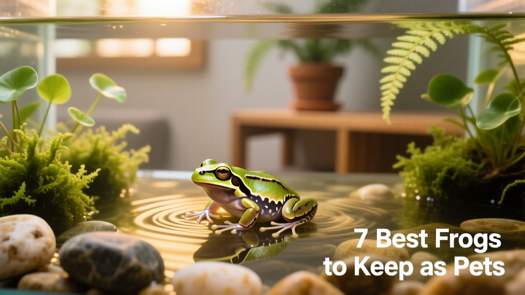 Small African dwarf frog swimming near the surface of clear, filtered aquarium water with smooth pebbles and live plants