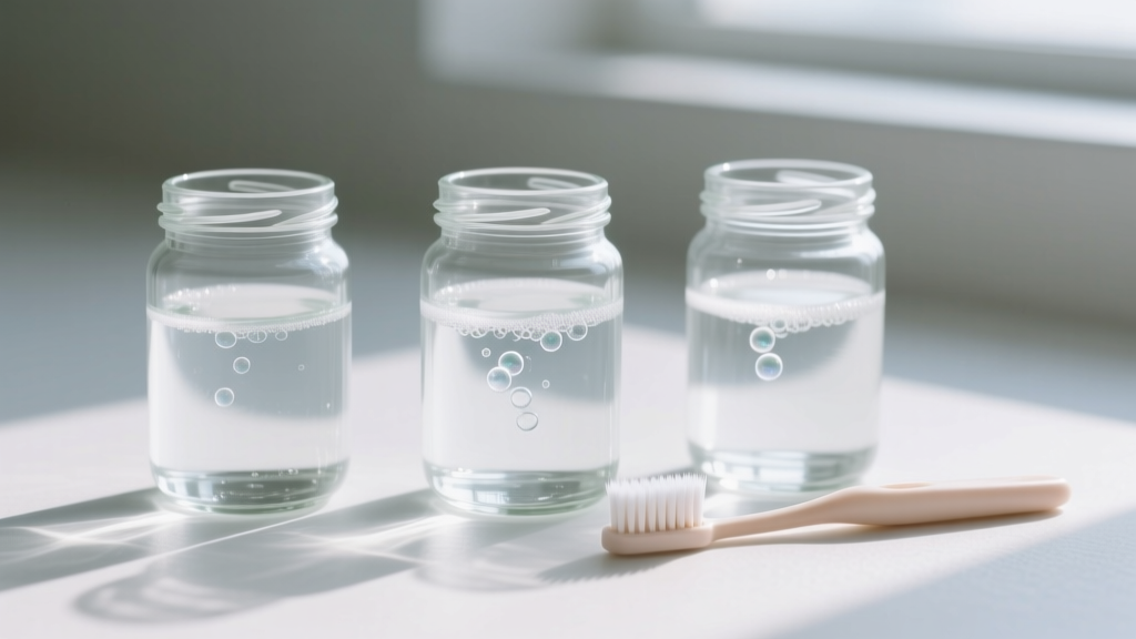 Glass jars with distilled water and mild dish soap next to a soft baby toothbrush used for delicate costume jewelry cleaning care