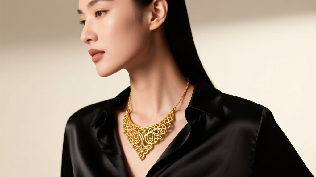 Side profile of a woman wearing a delicate electroformed 3D hard gold 24 carat pendant necklace over a black silk blouse