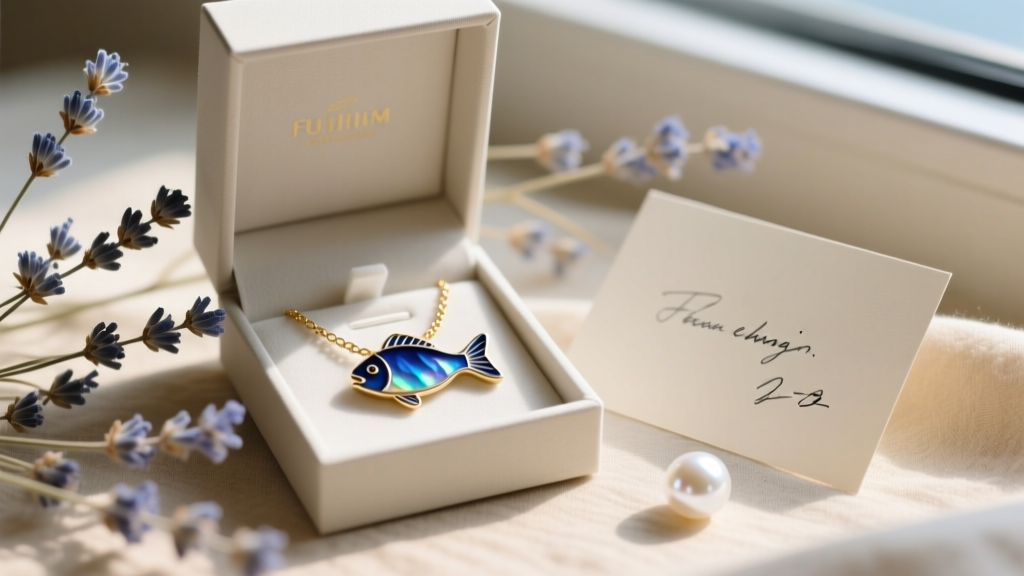 Open gift box with an enamel fish bead necklace, surrounded by dried sea lavender, a handwritten card, and a single white pearl.