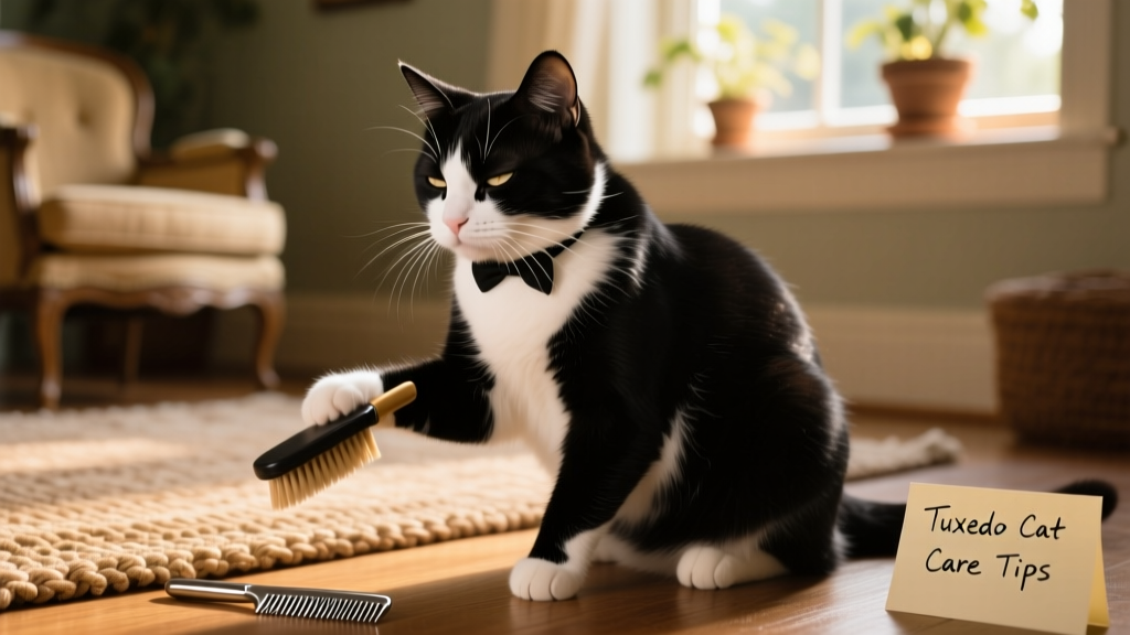 Close-up of a tuxedo cat being gently brushed, highlighting its sleek black-and-white fur and relaxed demeanor