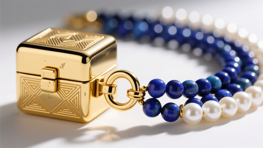 Detailed view of an 18k yellow gold box clasp with a figure-8 safety catch securing a heavy multi-strand lapis and pearl necklace