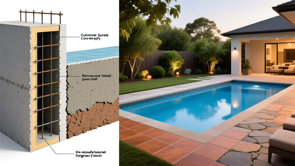 Cross-section diagram and finished backyard showcase comparing a gunite concrete pool shell with a pre-manufactured fiberglass pool insert