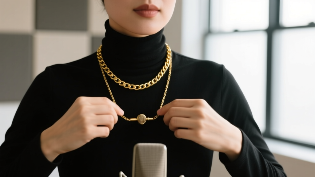 Podcaster adjusting gold chains and a hidden lavalier necklace microphone to ensure the audio capsule sits at the sternum.