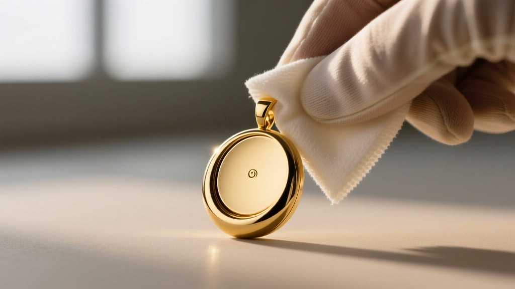 Hands wiping a gold-plated smart haptic touch pendant with a damp microfiber cloth, carefully avoiding the metal charging pins.
