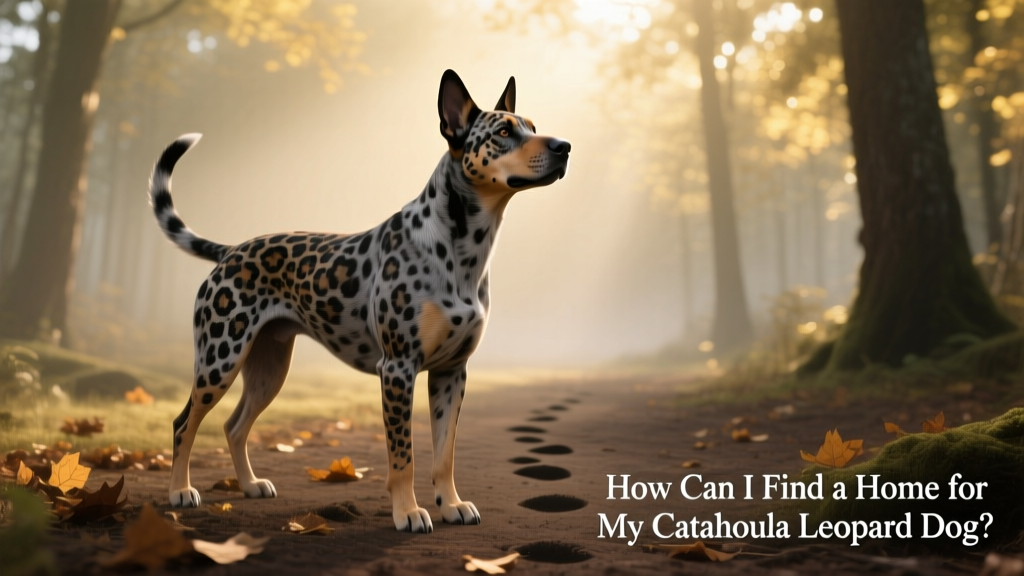 A confident, alert Catahoula Leopard Dog standing in a sunlit forest clearing, ears perked and tail raised