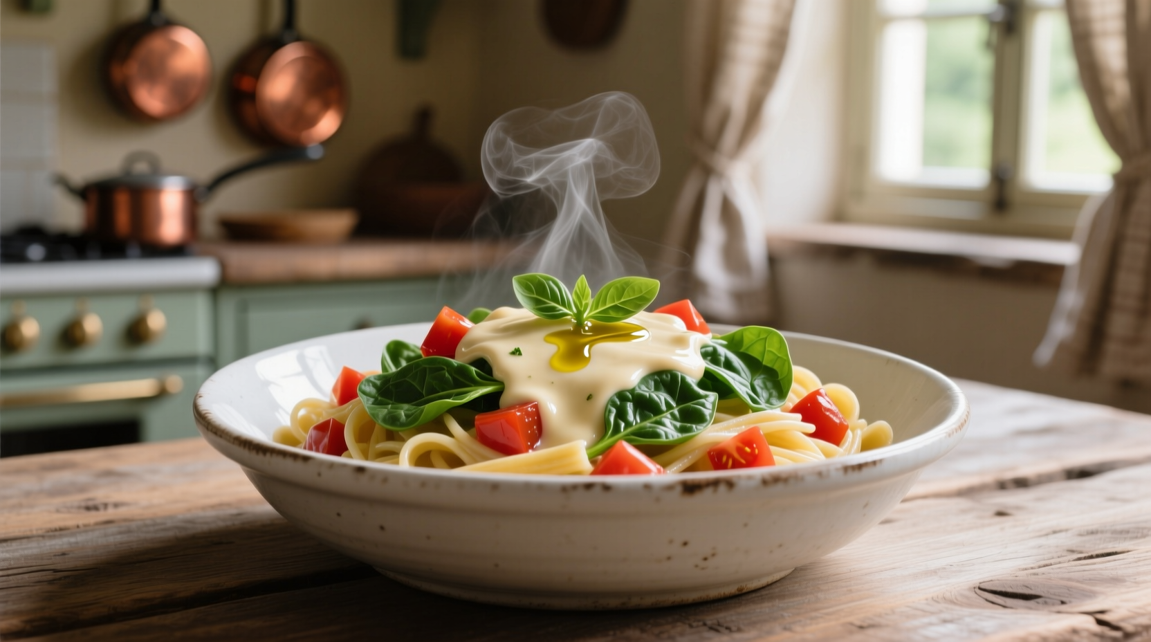 Creamy spinach and tomato pasta in white bowl