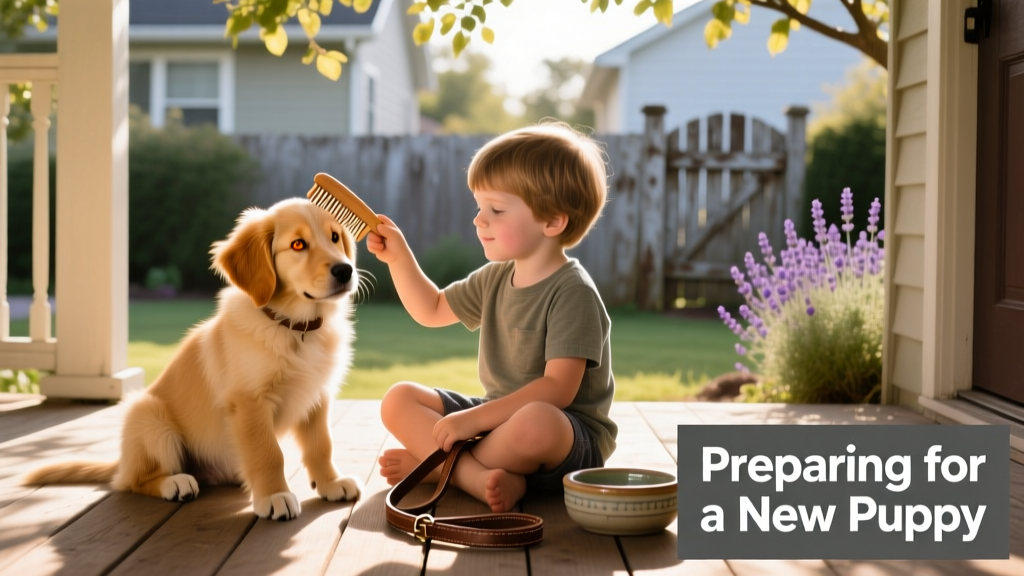 A young child sitting calmly beside a relaxed FurPetVo puppy while gently brushing its coat, with a leash and water bowl nearby
