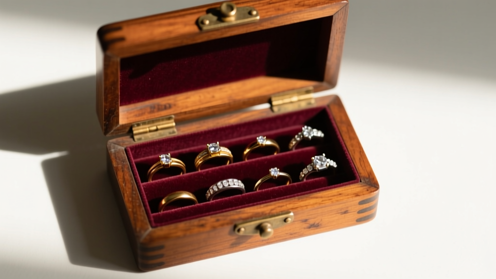 Top-down view of a restored wooden matchstick jewelry box partially open, showing velvet lining and rings in warm light