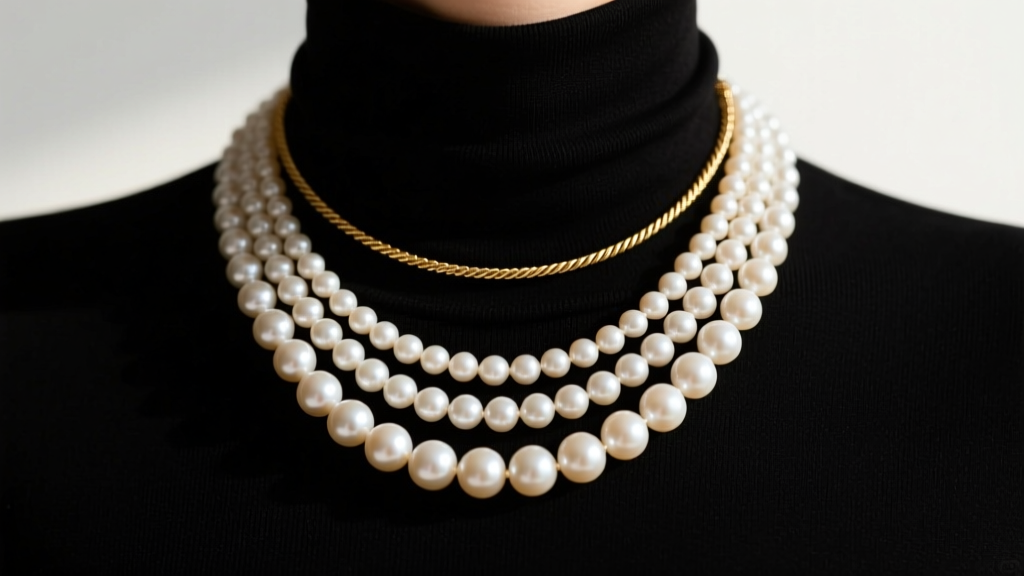 Layered 8mm freshwater pearls with a 14k gold 1.5mm rope chain over a black turtleneck dress, showing modern jewelry styling.