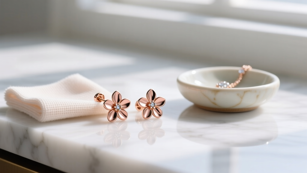 Microfiber cloth gently polishing rose gold floral stud earrings on a marble countertop next to a small ceramic jewelry dish