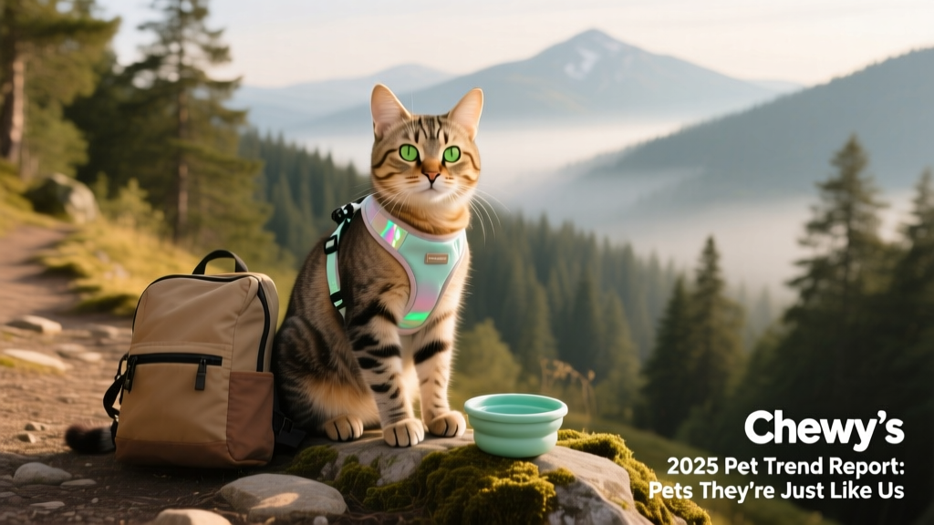 A curious tabby cat wearing a lightweight harness and sitting calmly on a hiking trail overlooking a forested mountain vista, with a compact backpack and collapsible water bowl nearby