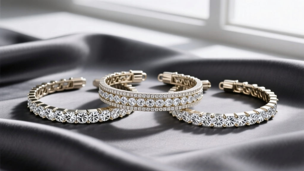 Flat lay photo of layered diamond simulant tennis bracelets in 14k white gold resting on a textured charcoal grey silk fabric.