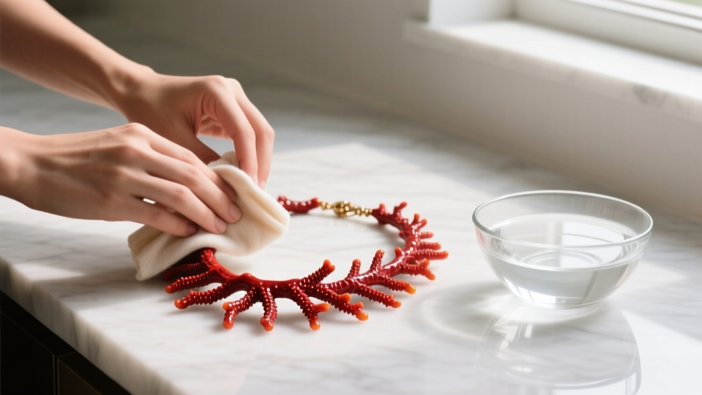 Hands wiping a vintage red branch coral necklace with a microfiber cloth on a marble counter next to a bowl of distilled water