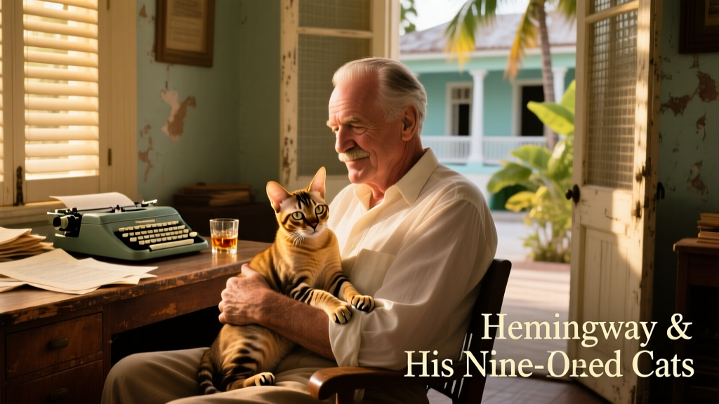 Historic photo of Ernest Hemingway with one of his beloved polydactyl cats at his Key West home
