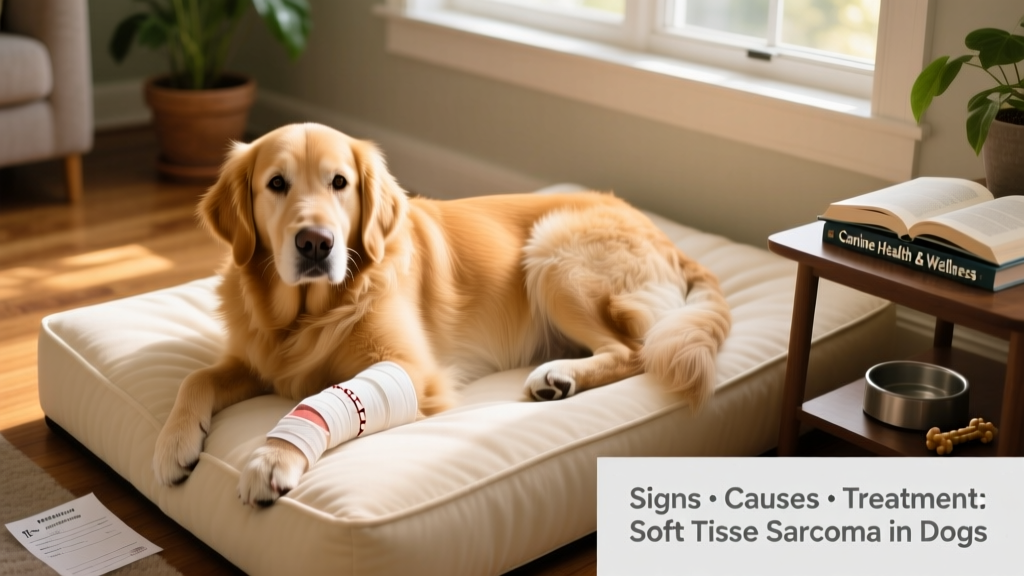 Dog resting comfortably on a soft bed with a bandaged surgical site on its hind leg
