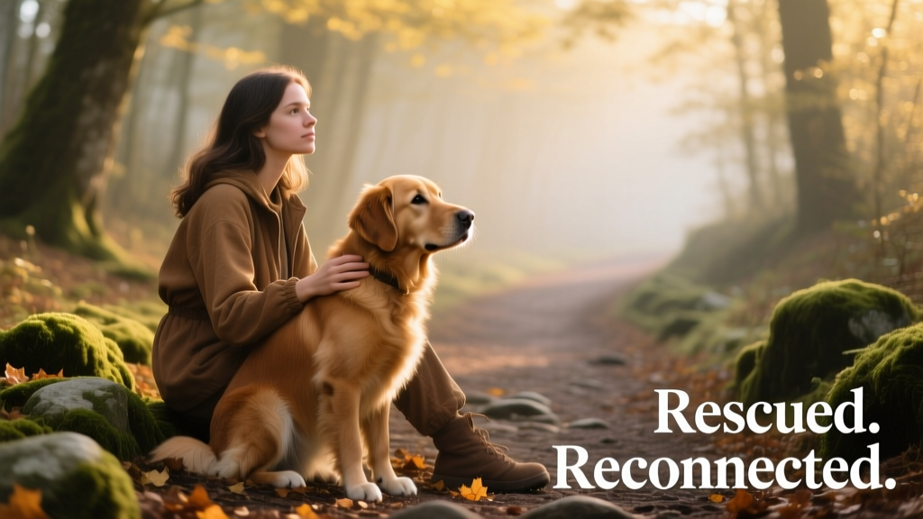 A young woman and her golden-brown rescue dog sitting side-by-side on a forest trail, both looking relaxed and connected