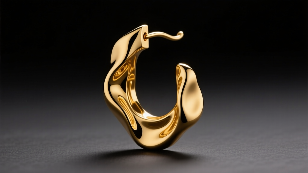 Macro shot of an asymmetric 18k yellow gold dangle earring with molten texture, lit by warm studio lights on a charcoal backdrop