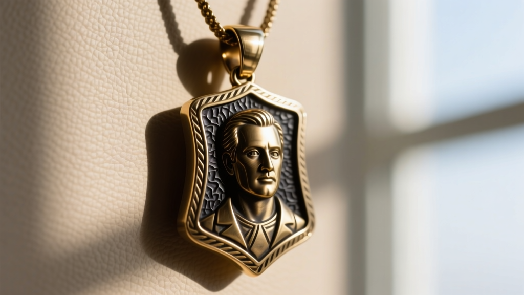 Close-up of a raw brass George Frost bravery pendant showing the dark recessed patina and hand-filed bezel edge against leather