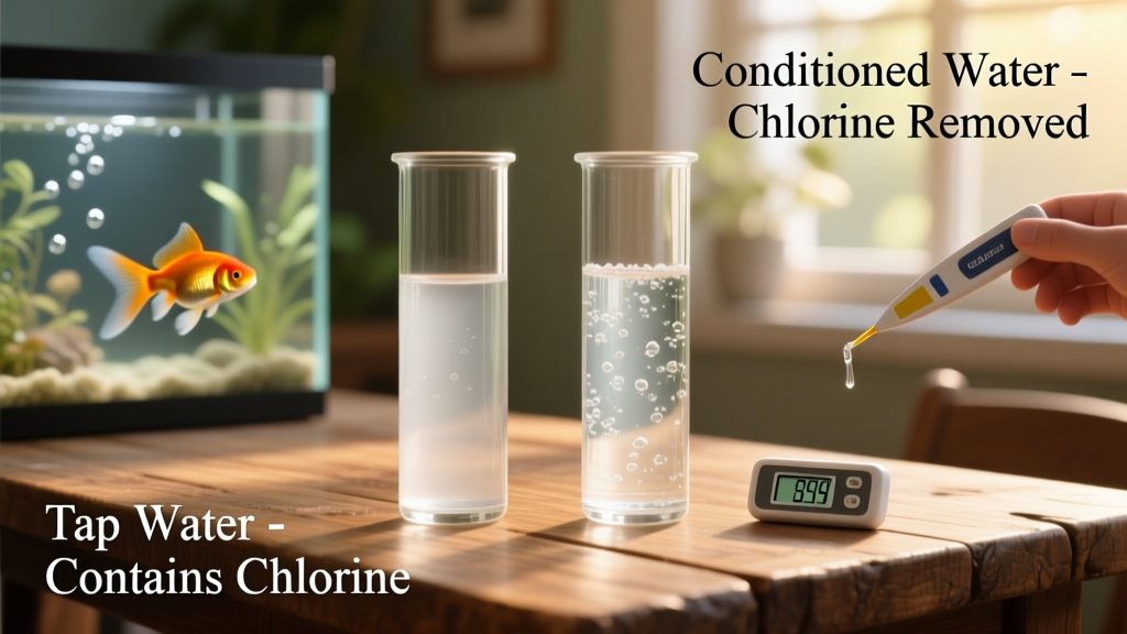 Side-by-side comparison of untreated tap water and conditioned water in clear vials, with labels showing chlorine removal