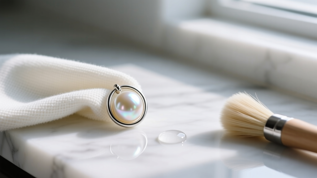 Microfiber cloth wiping a pearl on a silver hoop earring, alongside a soft brush and distilled water on a marble countertop