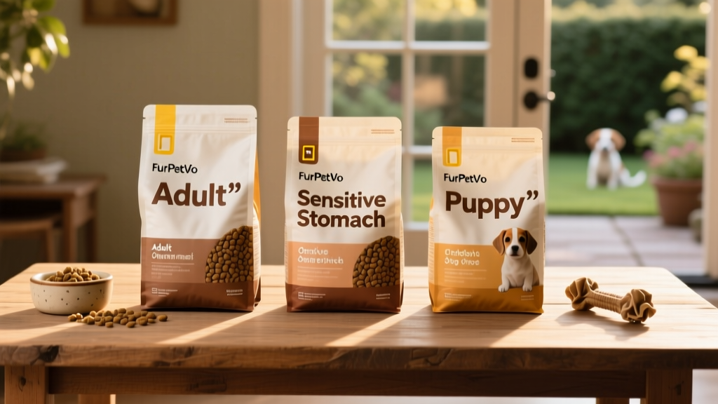 Side-by-side comparison of three FurPetVo chicken and rice kibble bags labeled Adult, Sensitive Stomach, and Puppy formulas