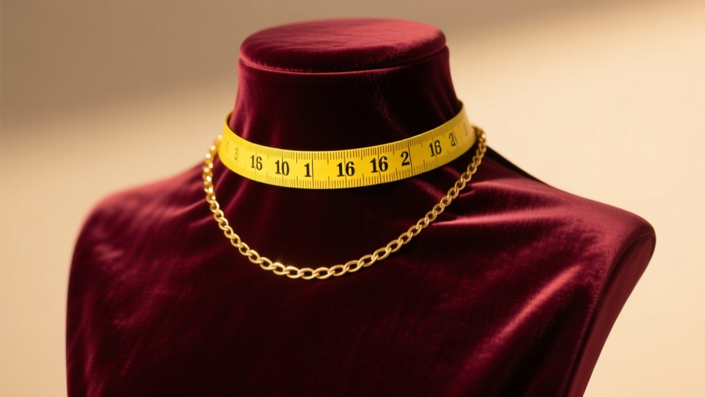 Yellow measuring tape wrapped around a velvet bust to check a 16-inch gold chain length under soft, warm studio lighting.
