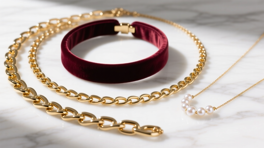 Flat lay of three necklace lengths on marble, featuring a velvet choker, pearl pendant, and a chunky 22-inch gold link chain
