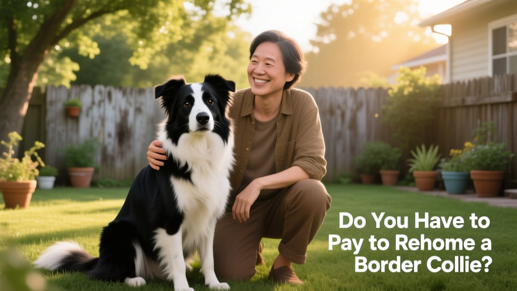 A calm, well-groomed Border Collie sitting beside a smiling adult in a sunlit backyard